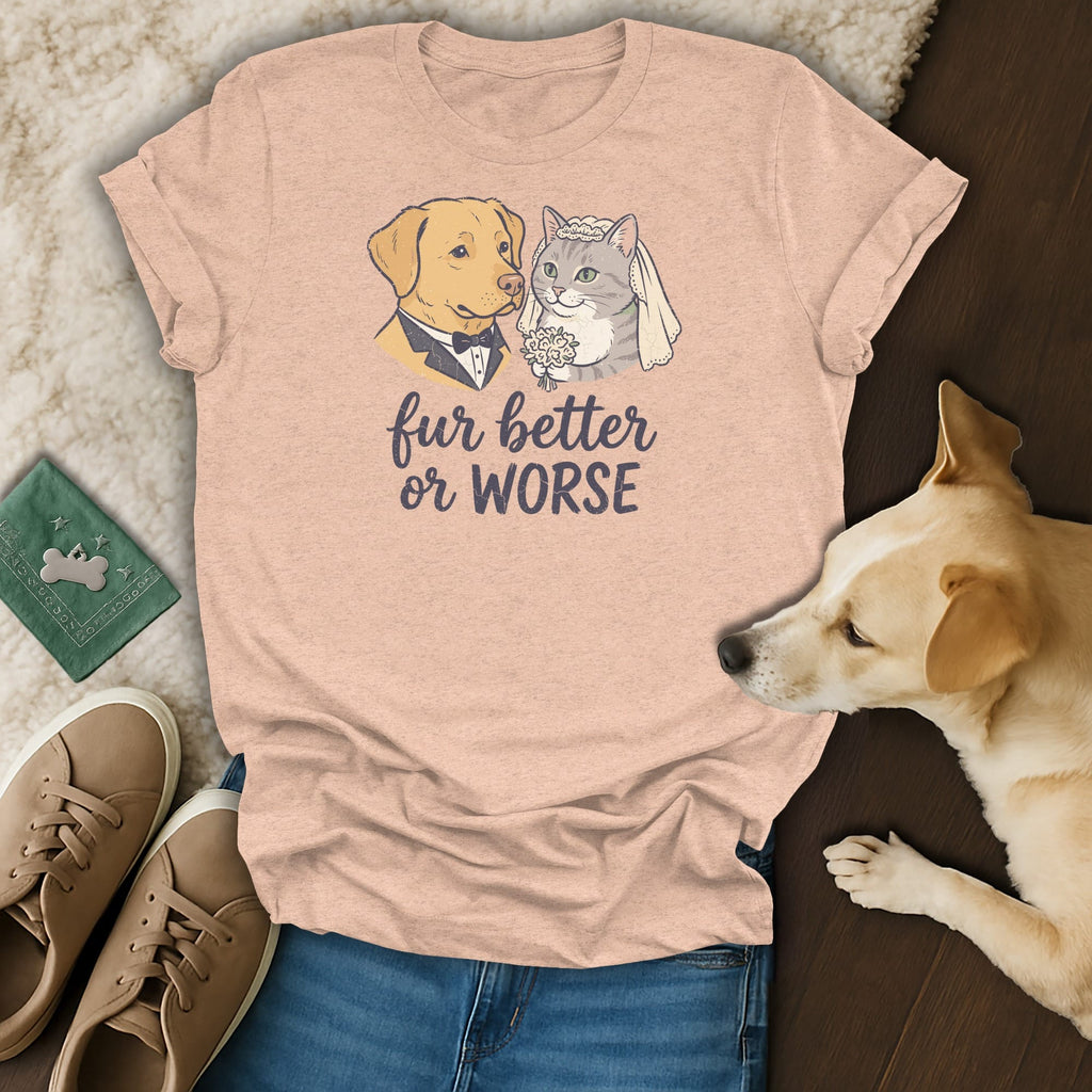 Peach t-shirt with dog and cat wedding illustration and text "fur better or worse".