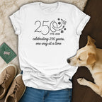 White t-shirt with "250 1776-2026 celebrating 250 years, one wag at a time" text.