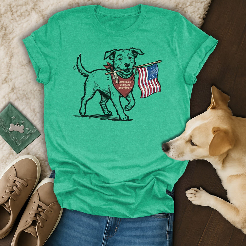 Dog wearing bandana with American flag, on a t-shirt.