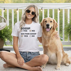 Woman wearing white t-shirt with "Gossip Yes No" and "Dog Park Gossip Yes No" text and a golden retriever.