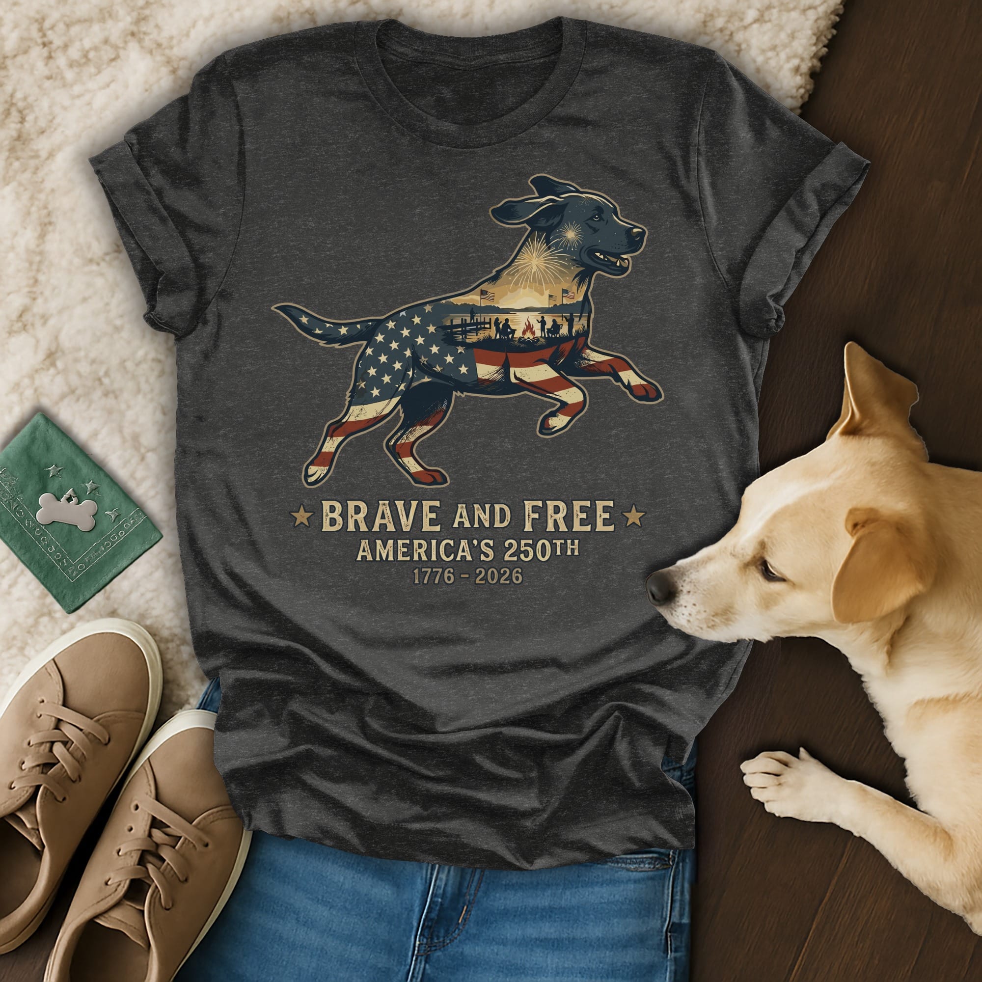 Dog wearing patriotic shirt with "Brave and Free America's 250th" text.