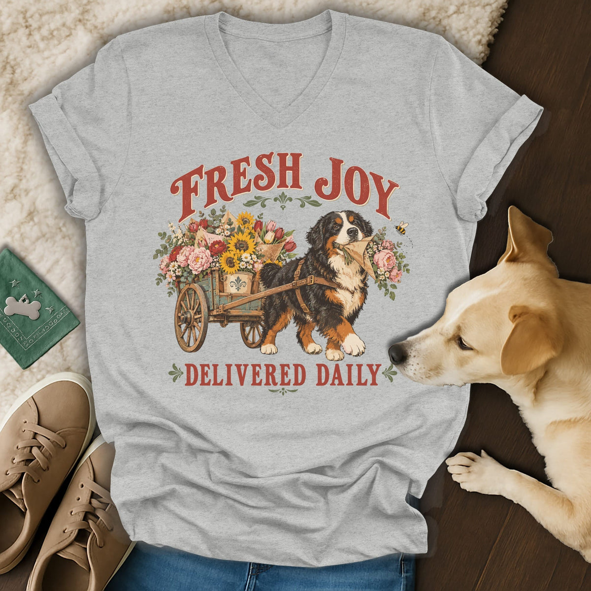 Heather gray v-neck t-shirt featuring a Bernese Mountain Dog pulling a flower-filled cart with text.