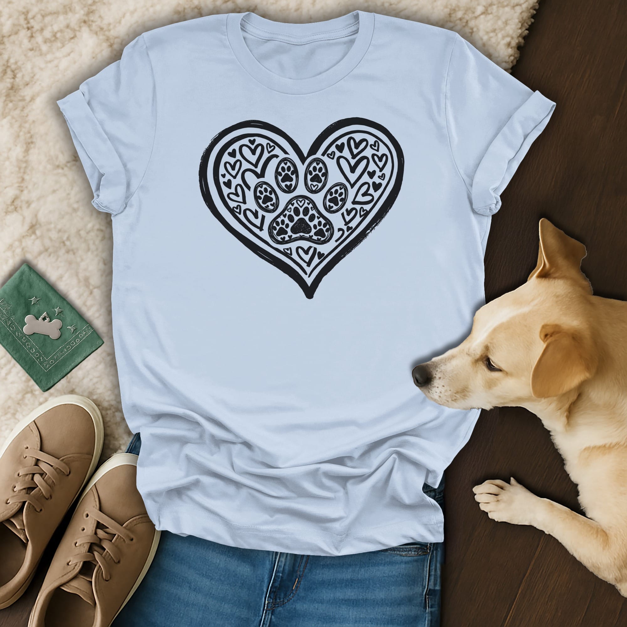 Light blue t-shirt with a black heart filled with paw prints and hearts.