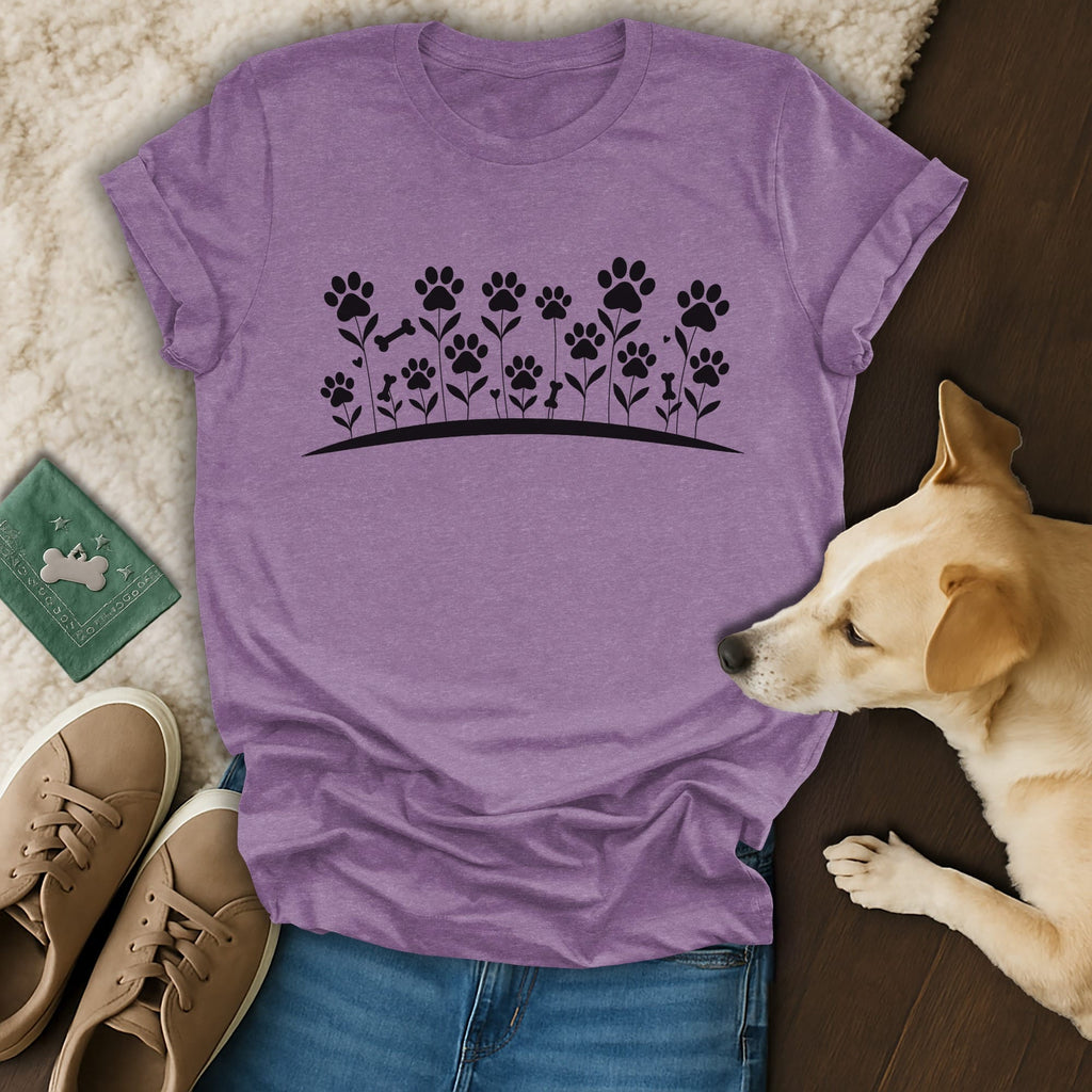 Purple t-shirt with a floral paw print and bone design.