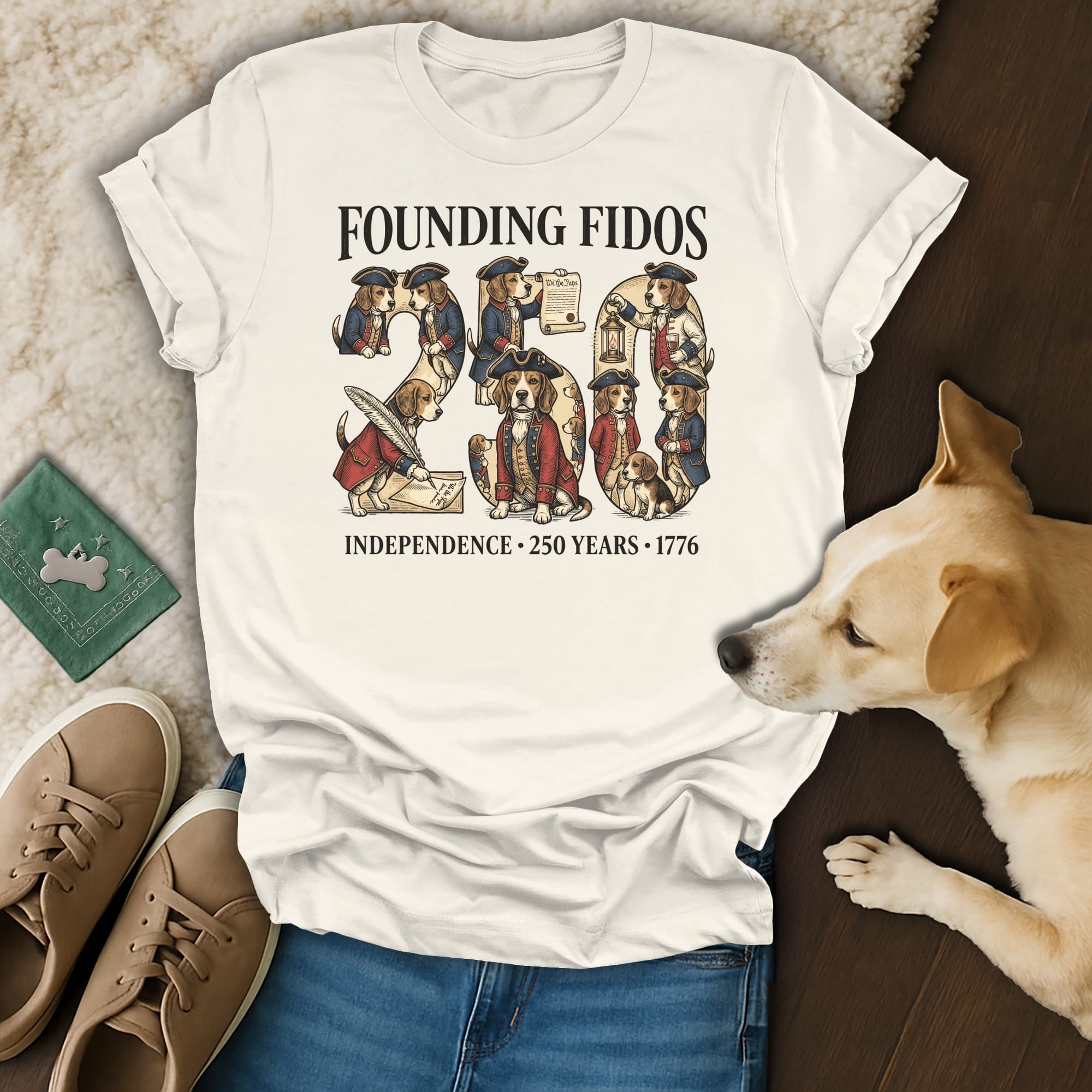 T-shirt with Founding Fidos graphic, dogs in colonial attire celebrating 250 years of independence.