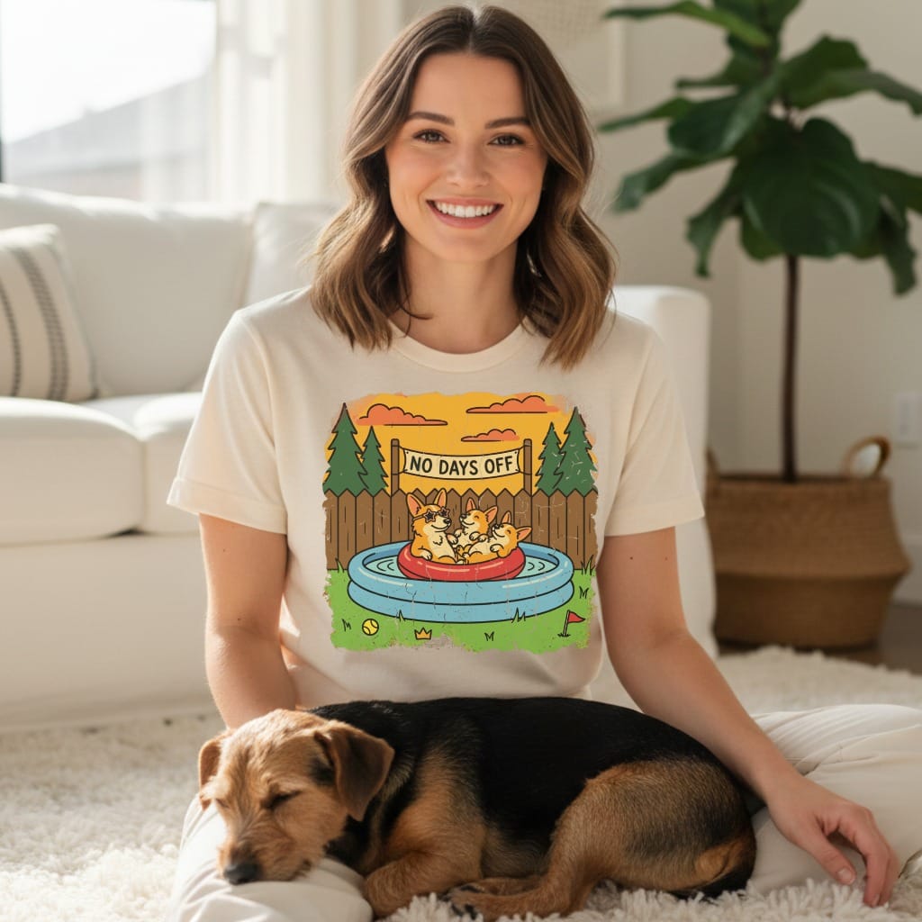 Woman wearing cream shirt with corgis in a pool graphic, "NO DAYS OFF" text.