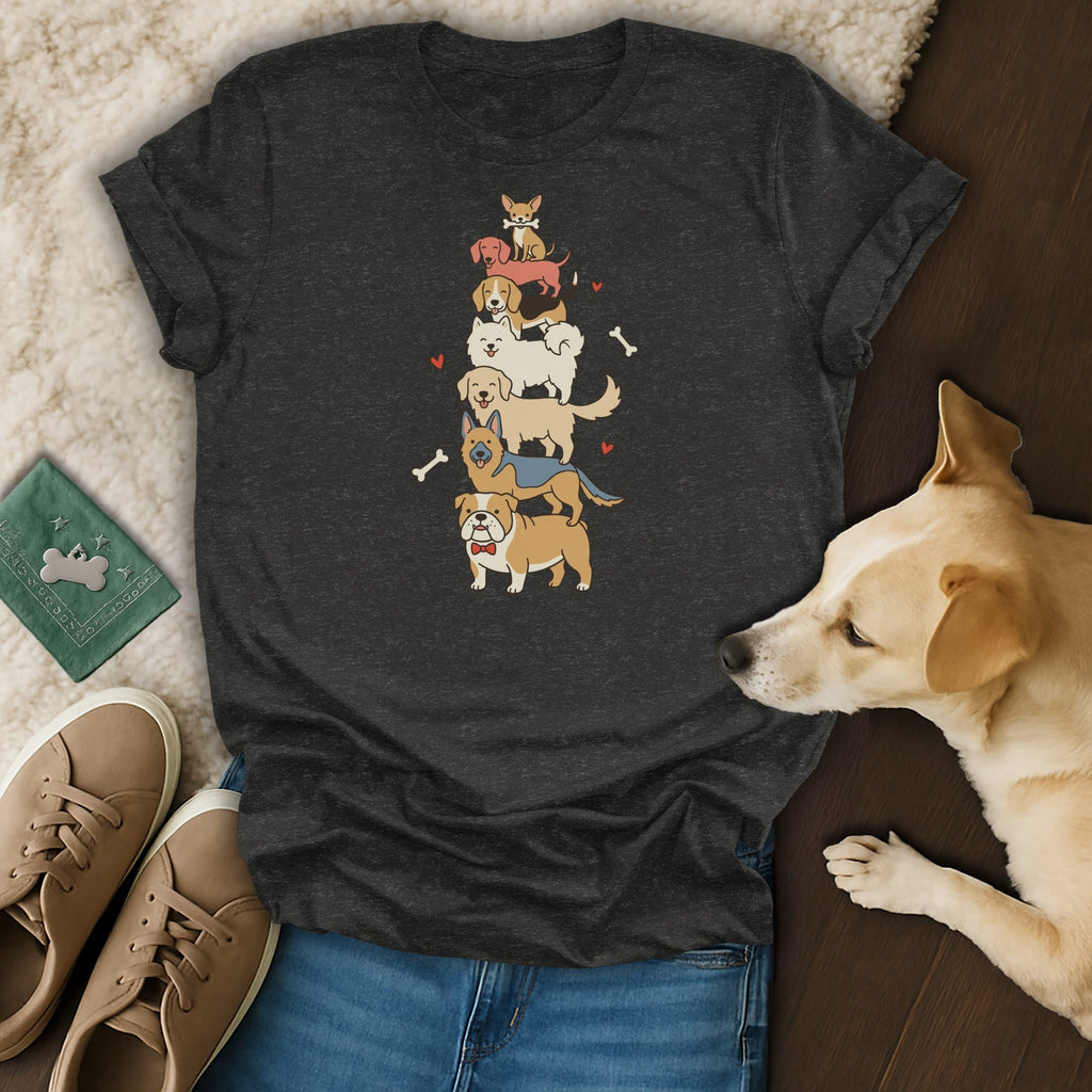 Dark gray t-shirt with a stacked cartoon dog print and a real dog nearby.
