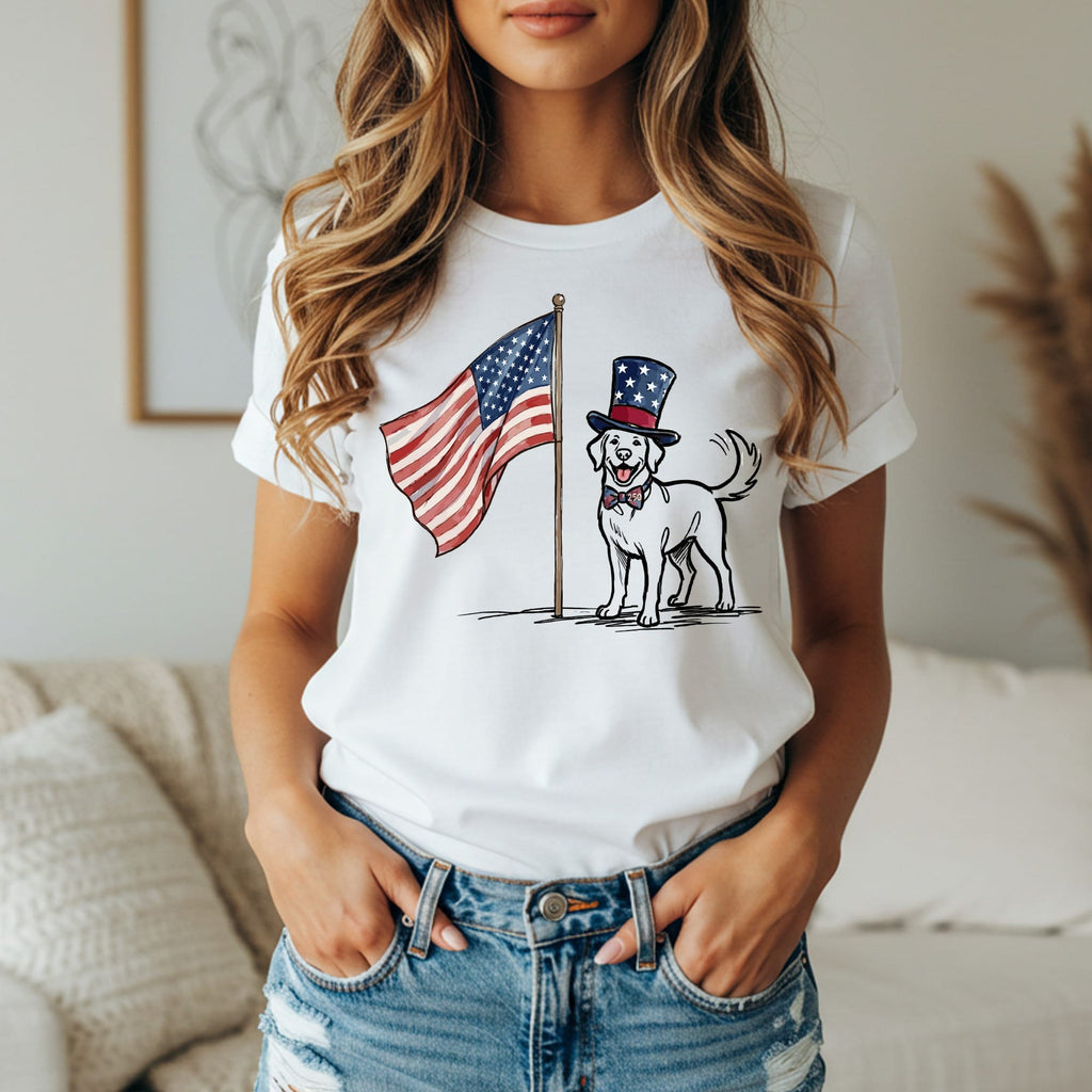 White t-shirt with a cartoon dog wearing a top hat and bowtie, holding an American flag.