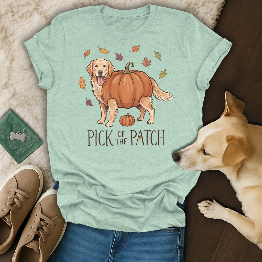 Light green t-shirt with a Golden Retriever wearing a pumpkin costume and "Pick of the Patch" text.
