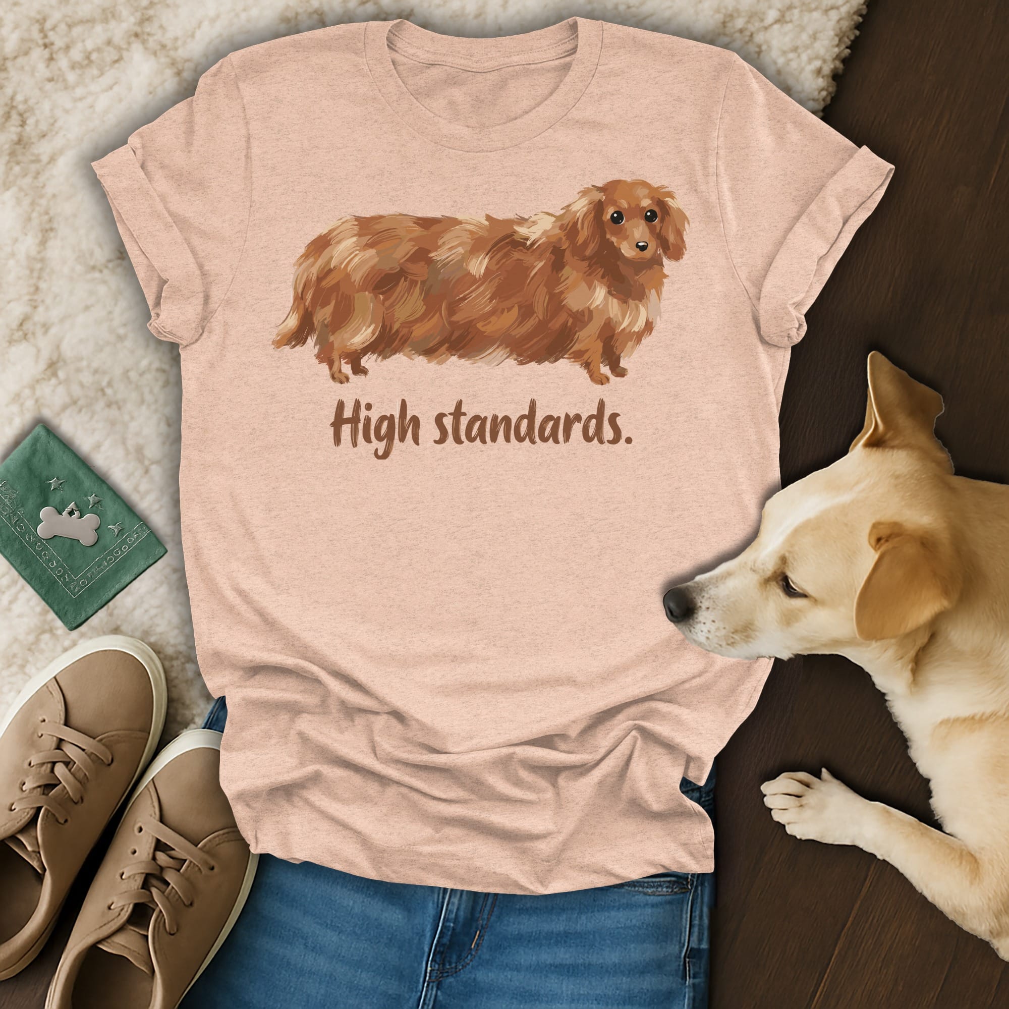 T-shirt with a long-haired dachshund and "High standards." text.
