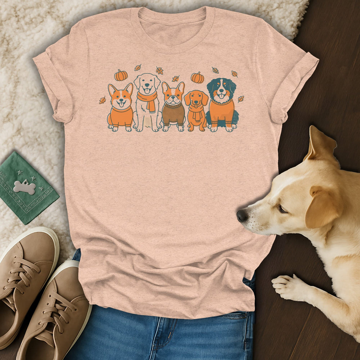 Peach t-shirt with a graphic of five cartoon dogs and autumn leaves.