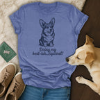 Blue t-shirt with a drawing of a corgi and text "Doing my best-ish...Squirrel!".
