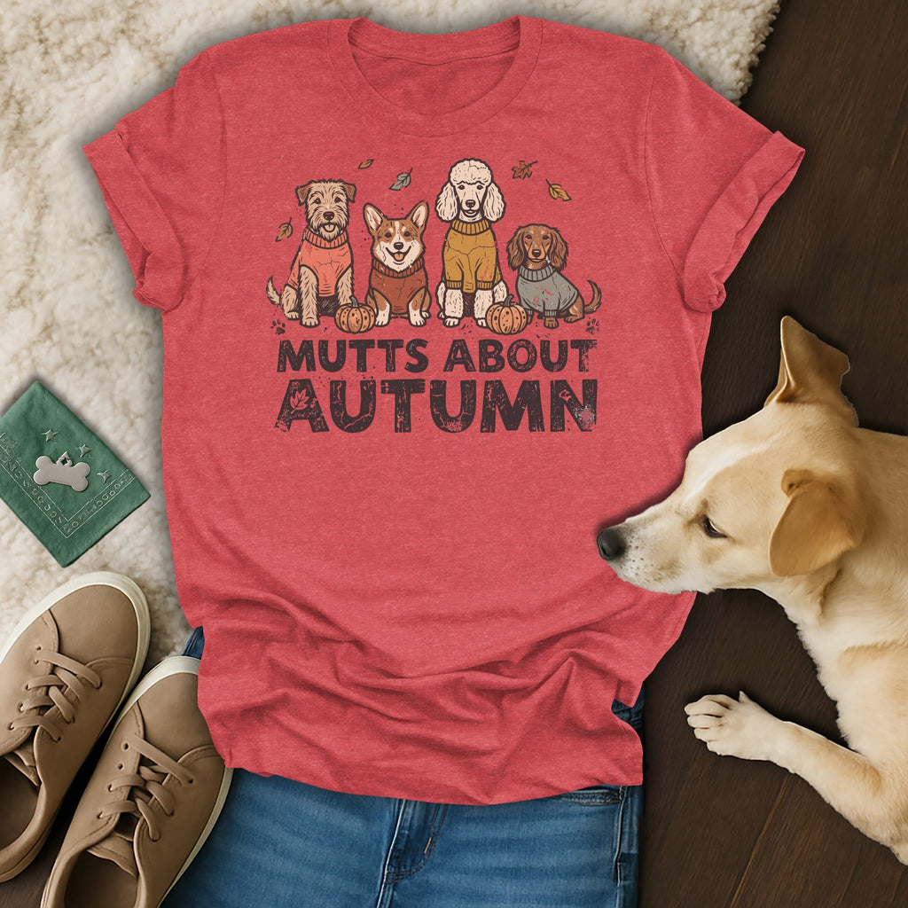 Red t-shirt with "Mutts About Autumn" text and four dogs wearing sweaters.