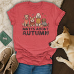 Red t-shirt with "Mutts About Autumn" text and four dogs wearing sweaters.