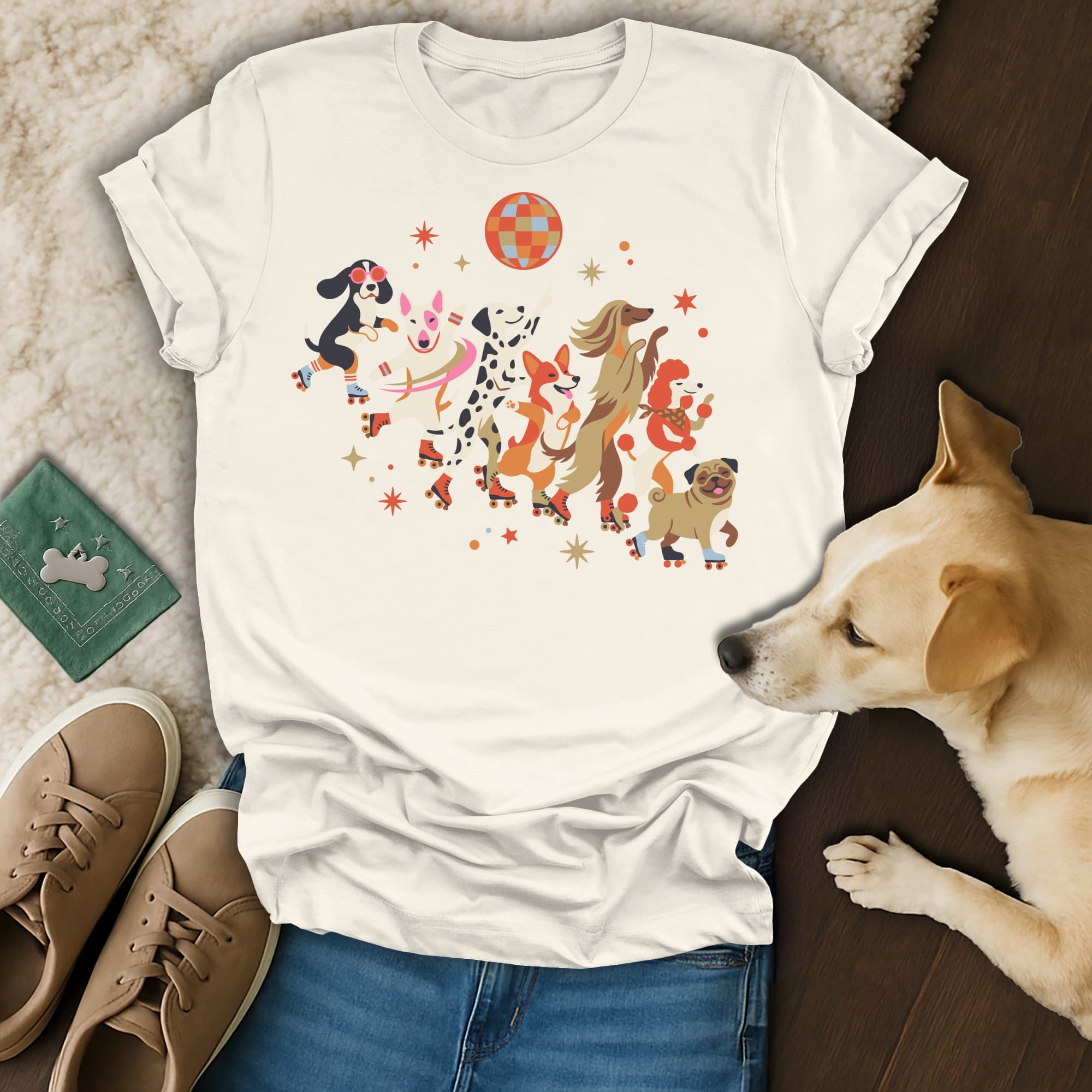 Cream t-shirt with a graphic print featuring a line of dogs on roller skates under a disco ball.