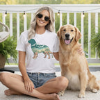 Woman and golden retriever wearing a white t-shirt with a coastal dog design.
