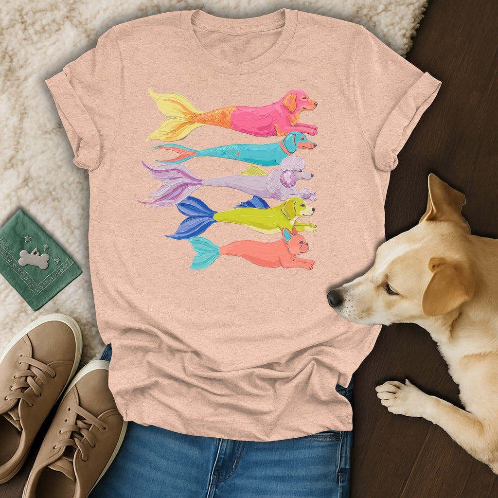 T-shirt with colorful dog-mermaid illustration and dog nearby.