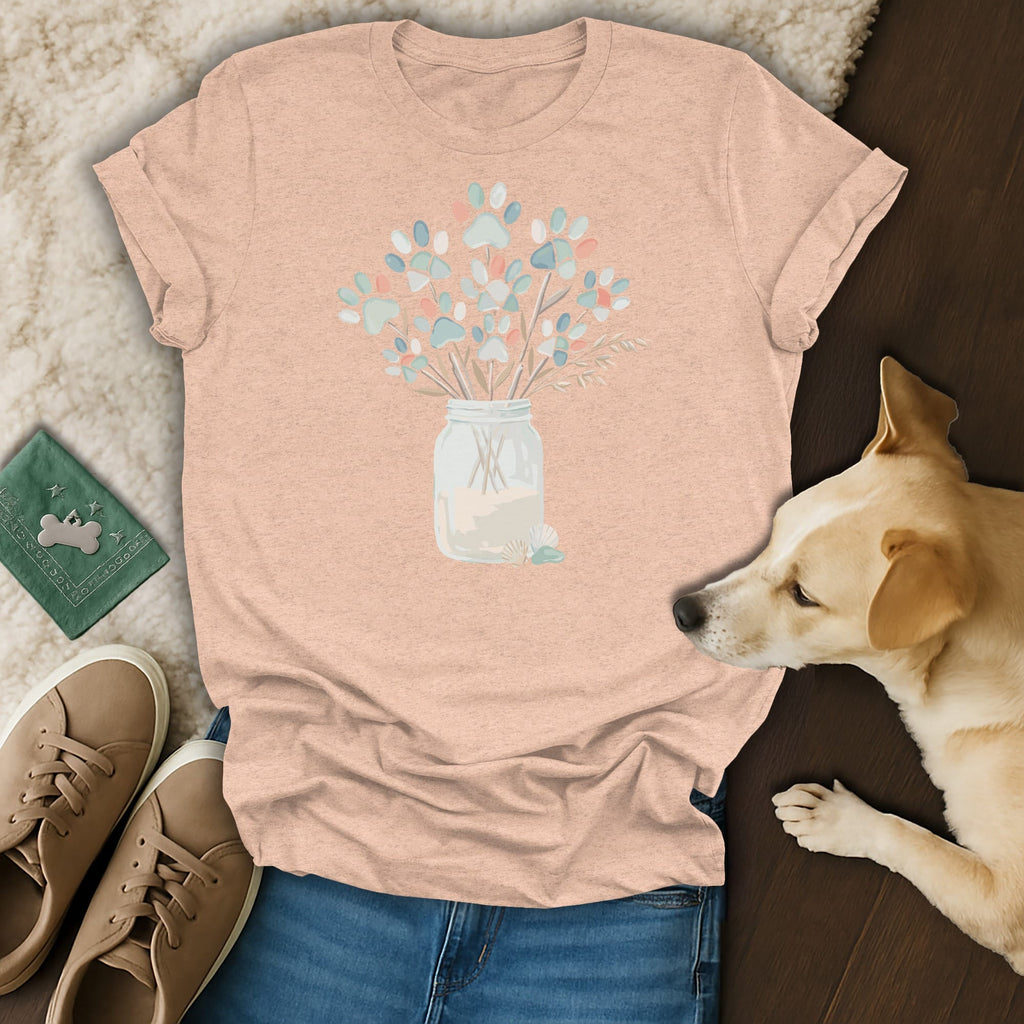 Peach t-shirt with a bouquet of paw prints in a mason jar.