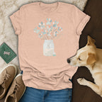 Peach t-shirt with a bouquet of paw prints in a mason jar.