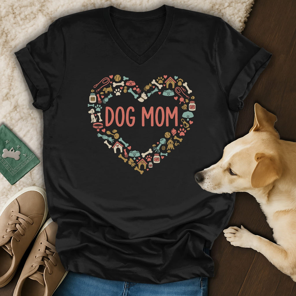 Black t-shirt with heart-shaped dog-themed graphic and "DOG MOM" text.