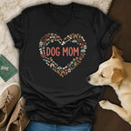 Black t-shirt with heart-shaped dog-themed graphic and "DOG MOM" text.