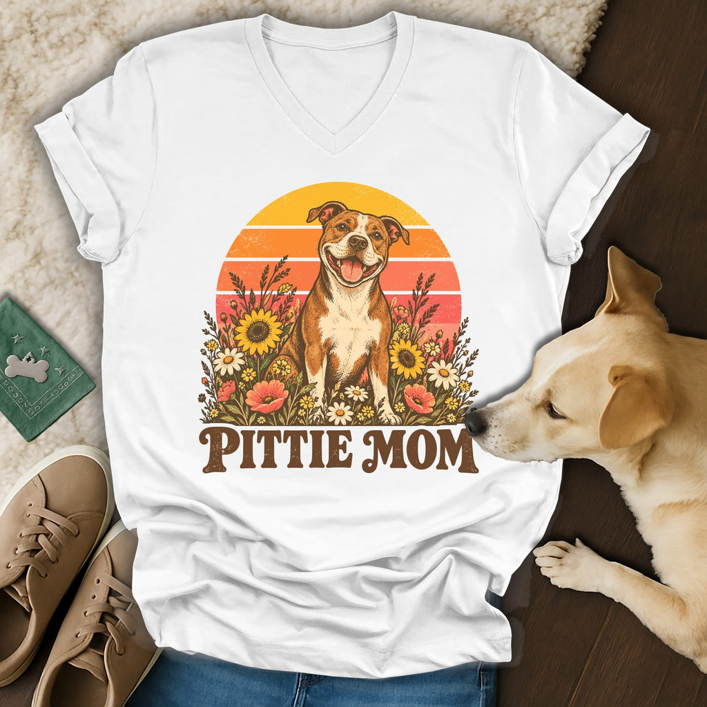 White v-neck t-shirt featuring a retro Pitbull illustration with flowers, a sunset graphic, and the text Pittie Mom.