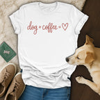 White t-shirt with red text "dog + coffee = ♡" next to a dog.