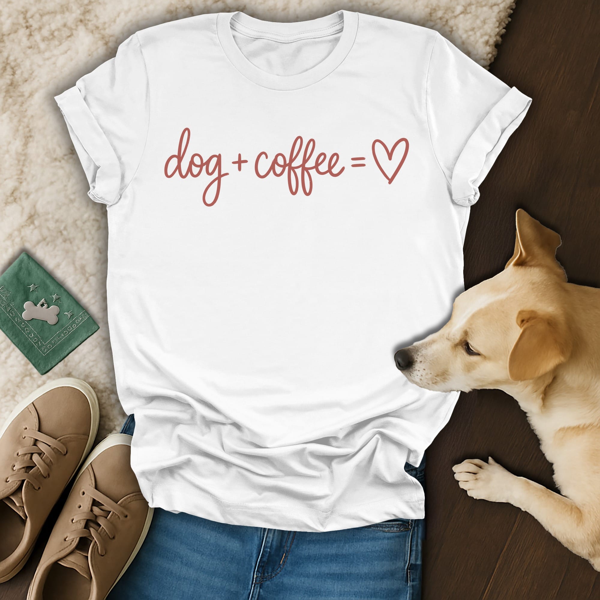 White t-shirt with red text "dog + coffee = ♡" next to a dog.