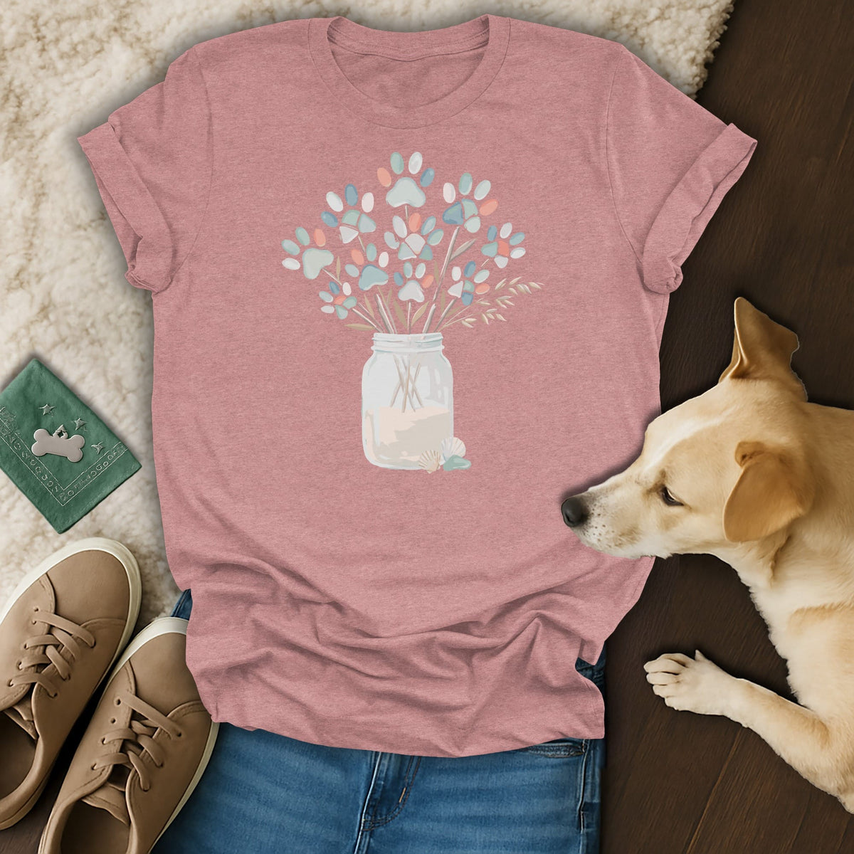 Pink t-shirt with a watercolor bouquet of paw prints in a mason jar.