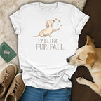 White t-shirt with dog illustration and "Falling Fur Fall" text.