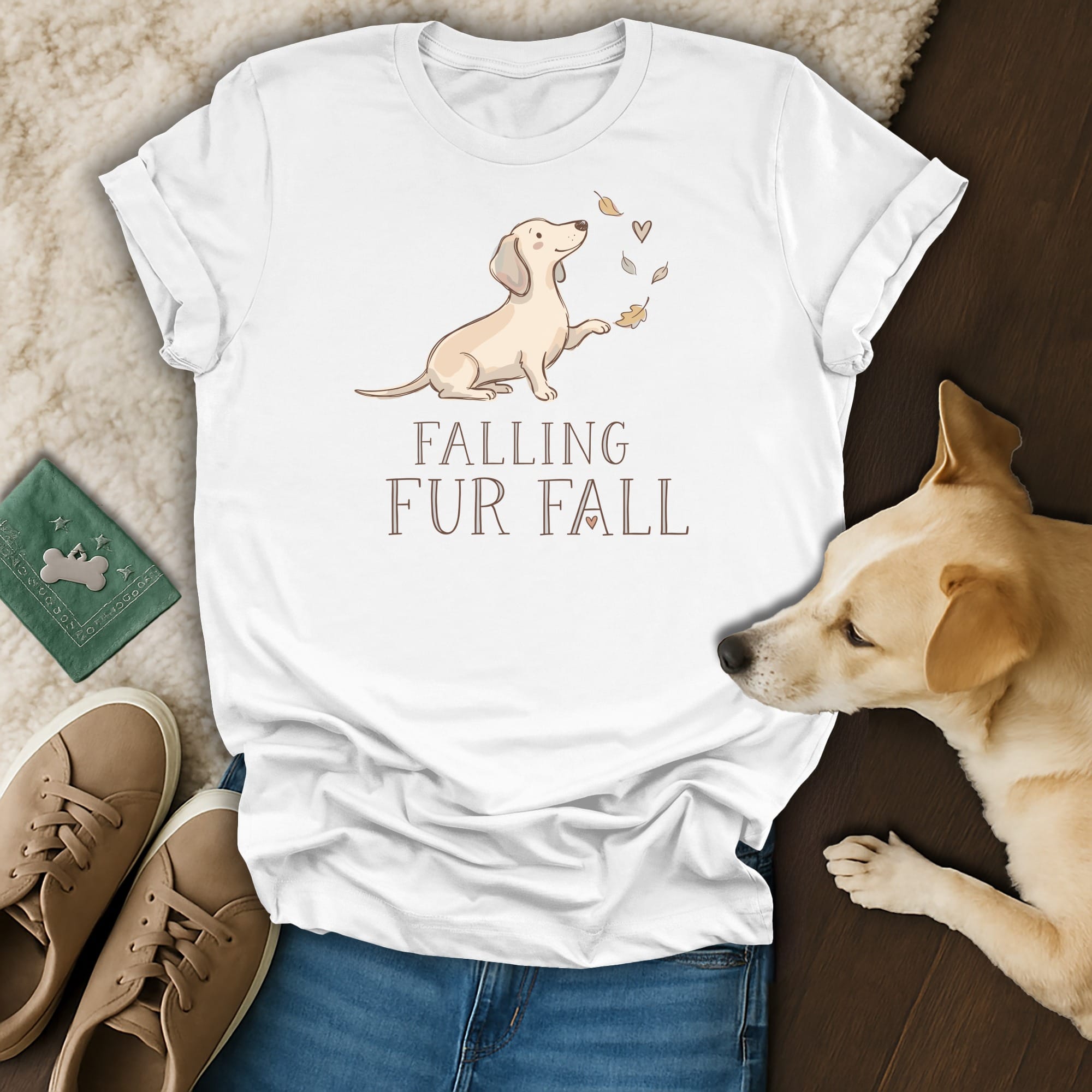 White t-shirt with dog illustration and "Falling Fur Fall" text.