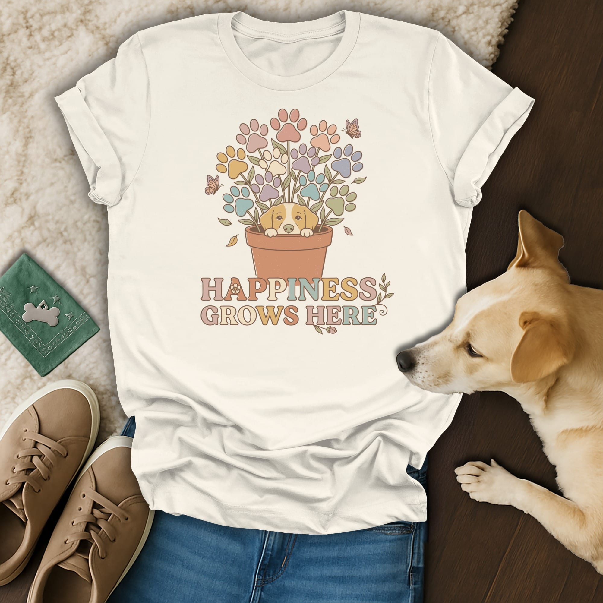 Cream t-shirt with a dog, paw print flowers, and text "HAPPINESS GROWS HERE".