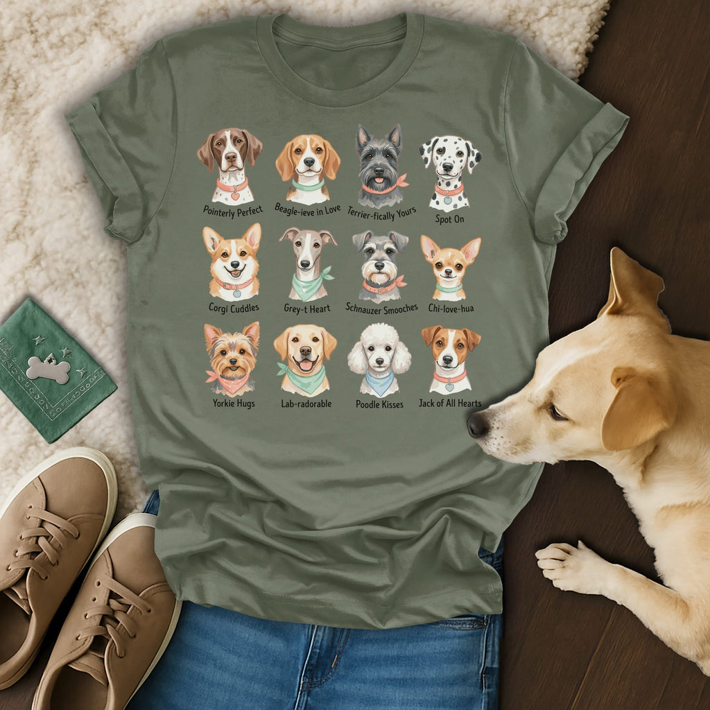 T-shirt featuring various dog breeds with playful puns, including Pointerly Perfect and Beagle-ieve in Love.