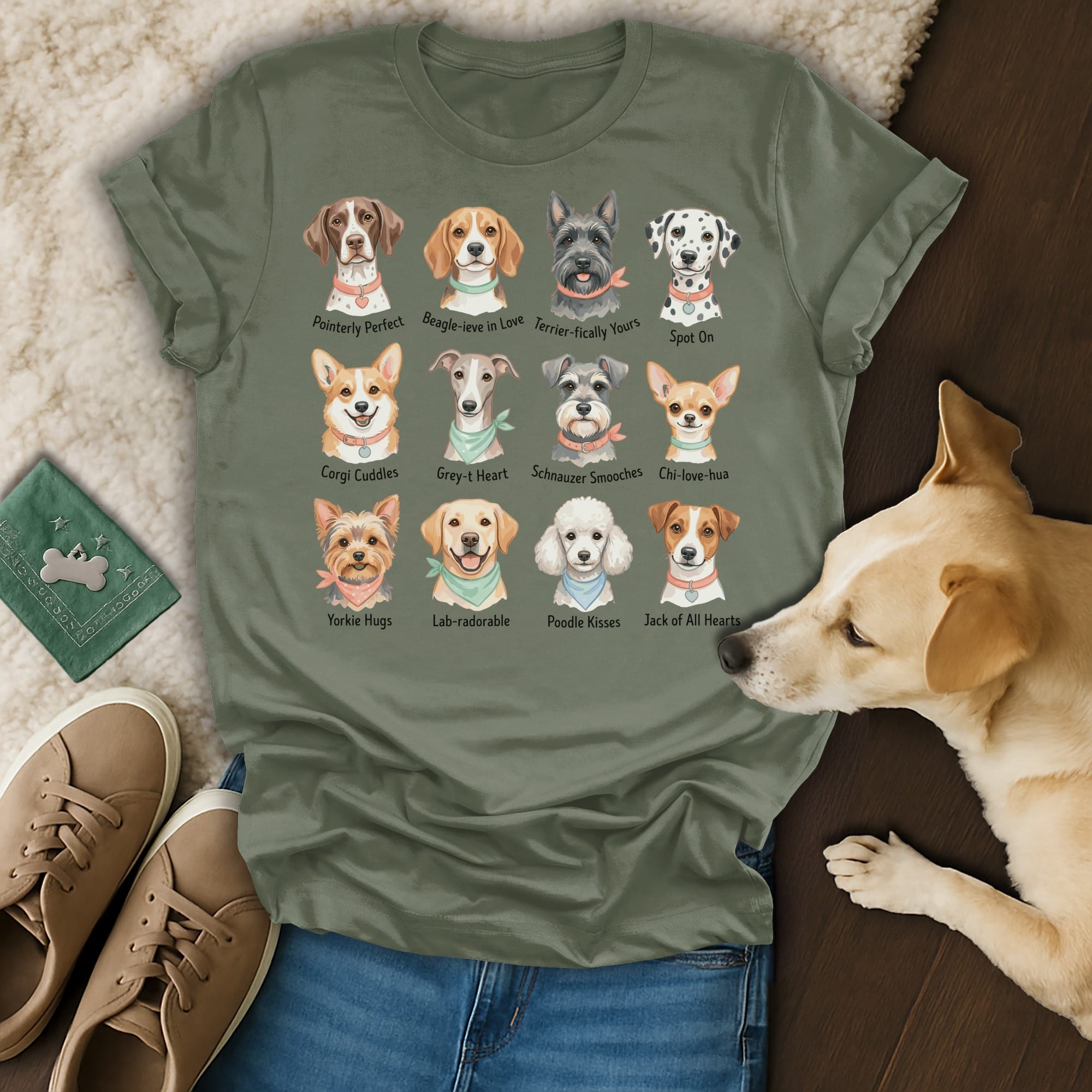 T-shirt featuring various dog breeds with playful puns, including Pointerly Perfect and Beagle-ieve in Love.