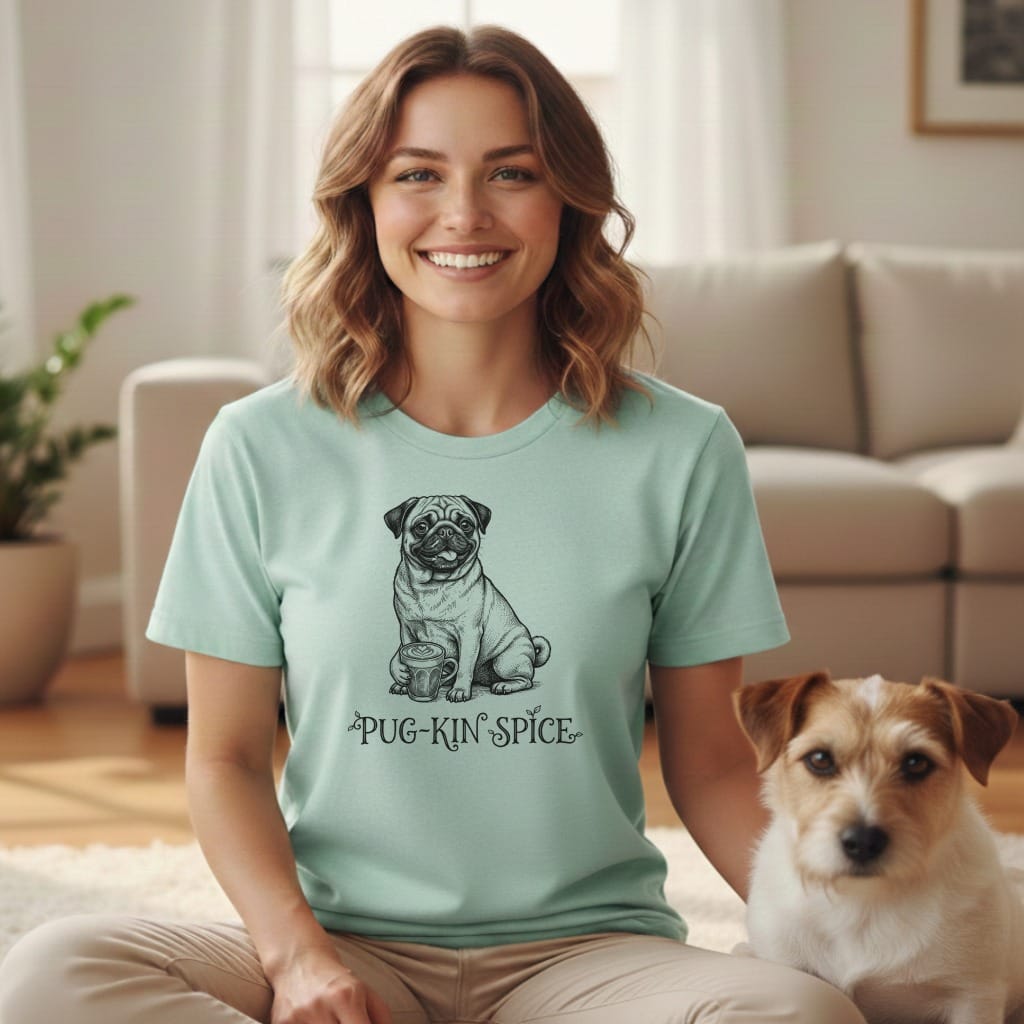 Light teal t-shirt with a pug and "Pug-kin Spice" text graphic.