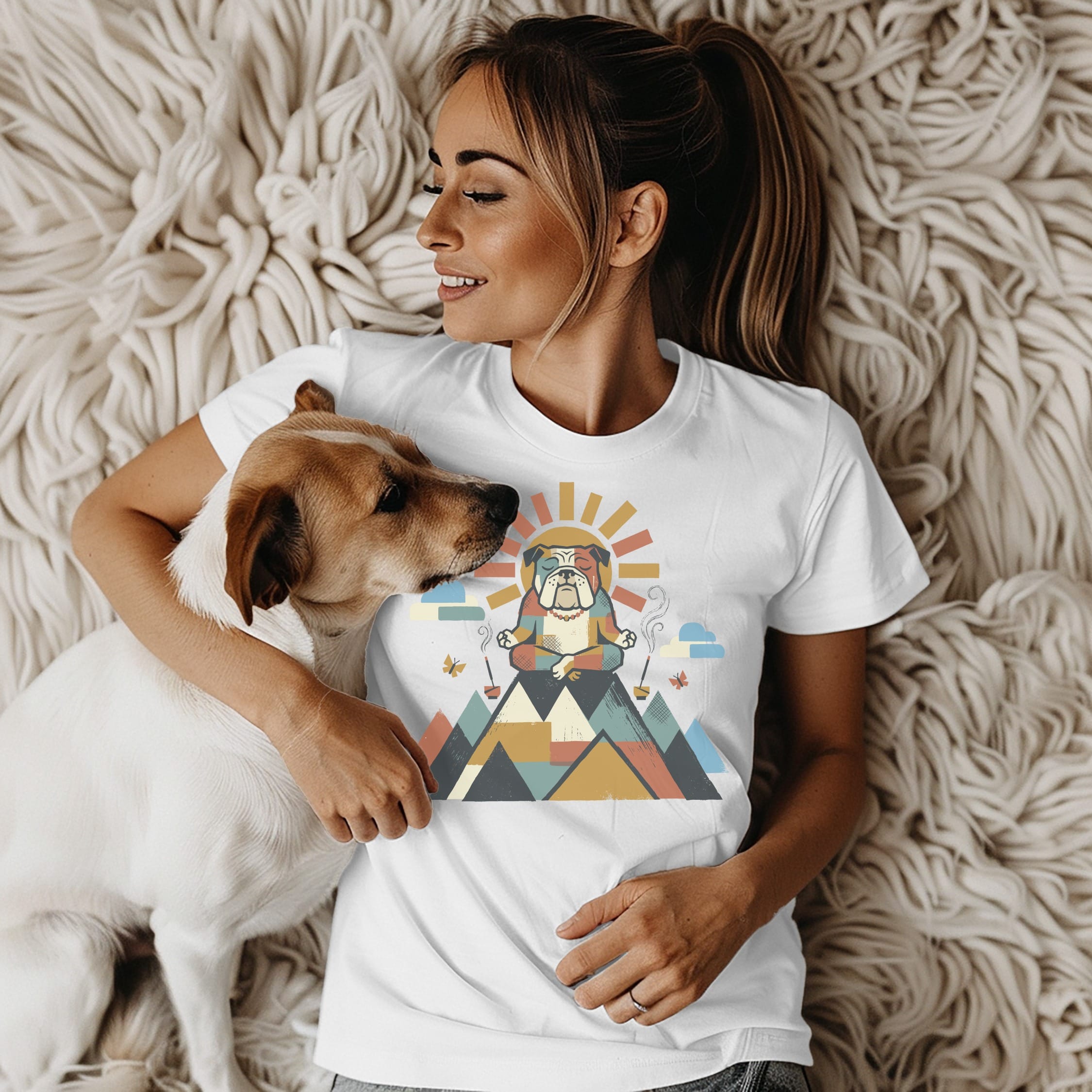Woman in white t-shirt with bulldog meditating on mountain graphic.