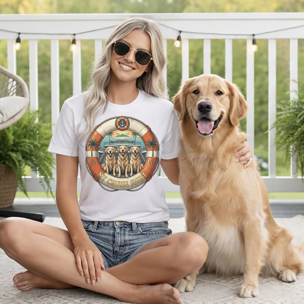 Woman and golden retriever sit on a porch wearing a "My Cruise Shirt" t-shirt.