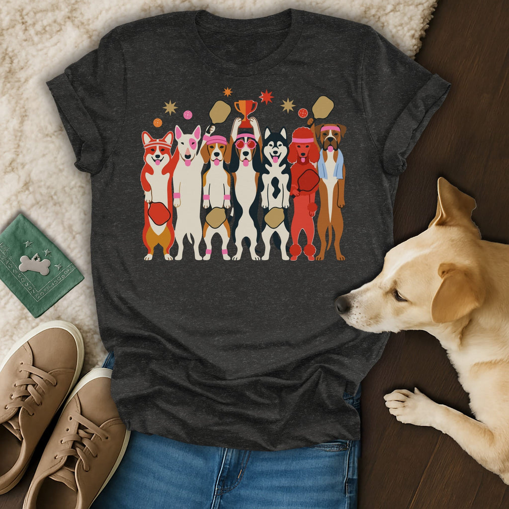Charcoal t-shirt with cartoon dogs celebrating a pickleball championship.