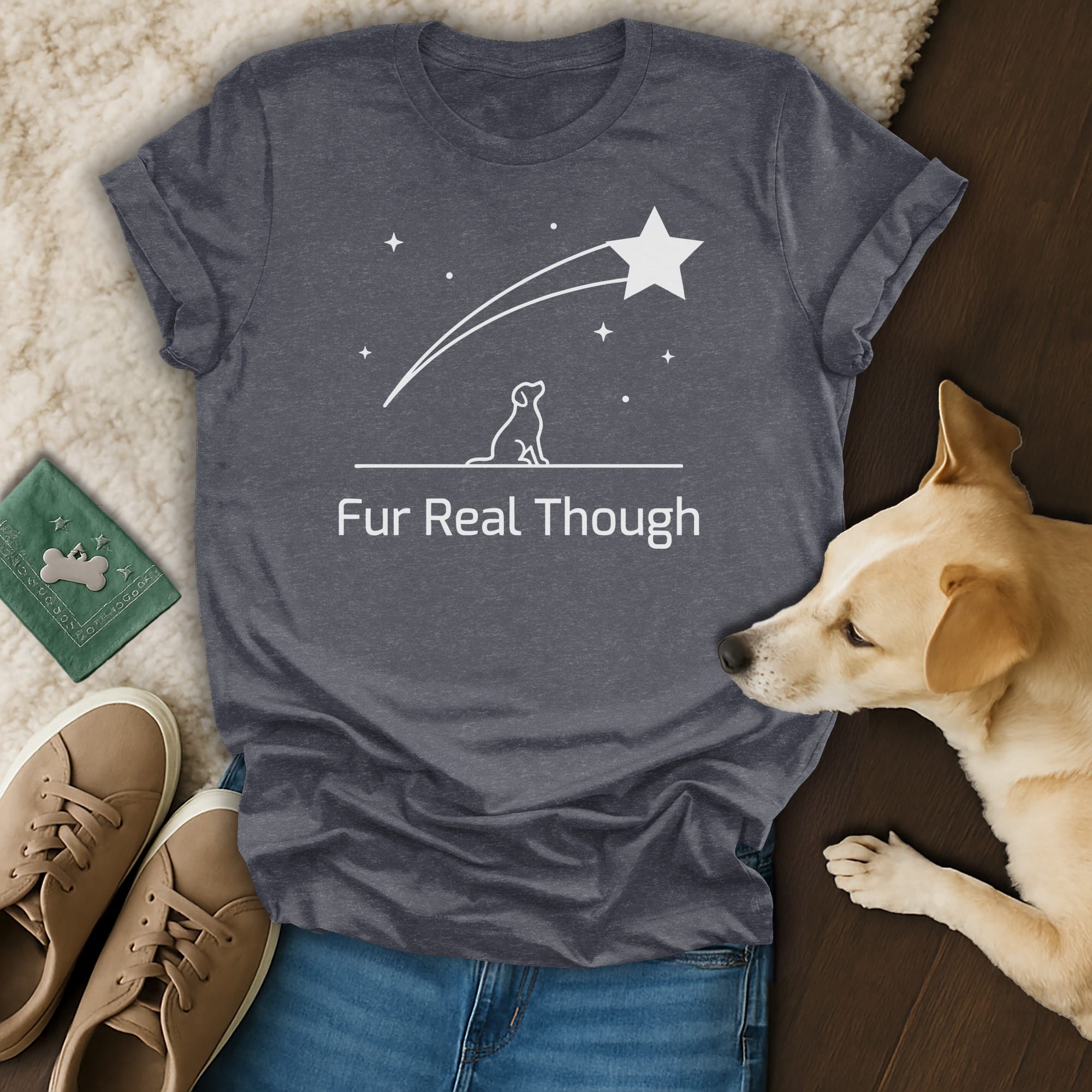 Dark grey t-shirt with "Fur Real Though" and shooting star dog design.