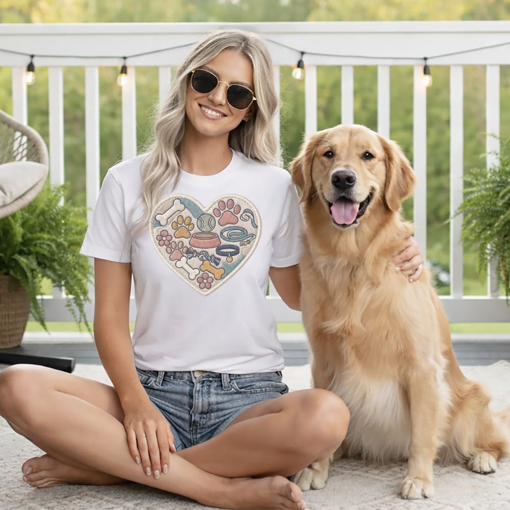 Woman and golden retriever sitting on a porch with heart-shaped pet-themed graphic on shirt.