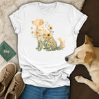 White t-shirt with golden retriever made of flowers and butterflies graphic.