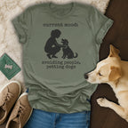 T-shirt with "current mood: avoiding people, petting dogs" and a graphic of a person petting a dog.