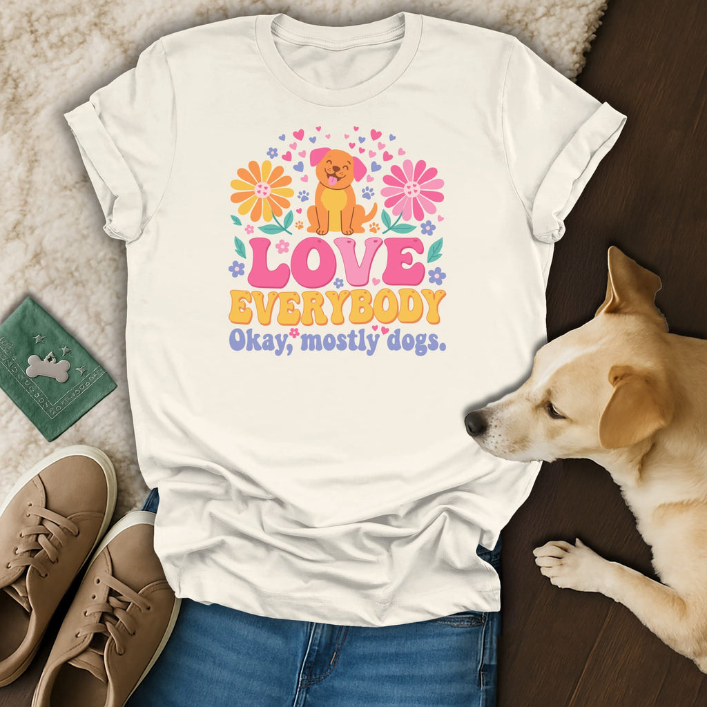 White t-shirt with "Love Everybody Okay, mostly dogs" text and cute dog graphic.