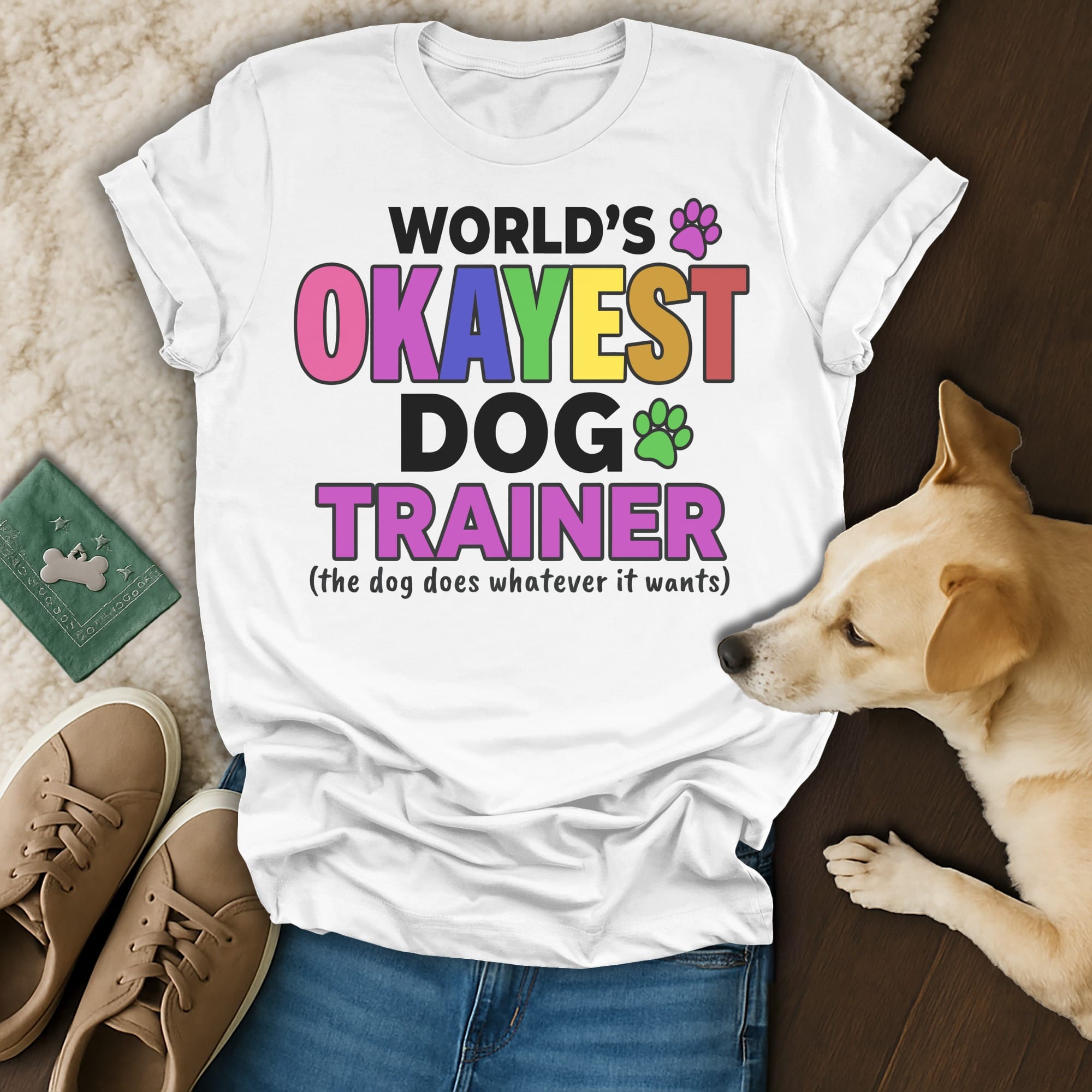 White t-shirt with "World's Okayest Dog Trainer" text.