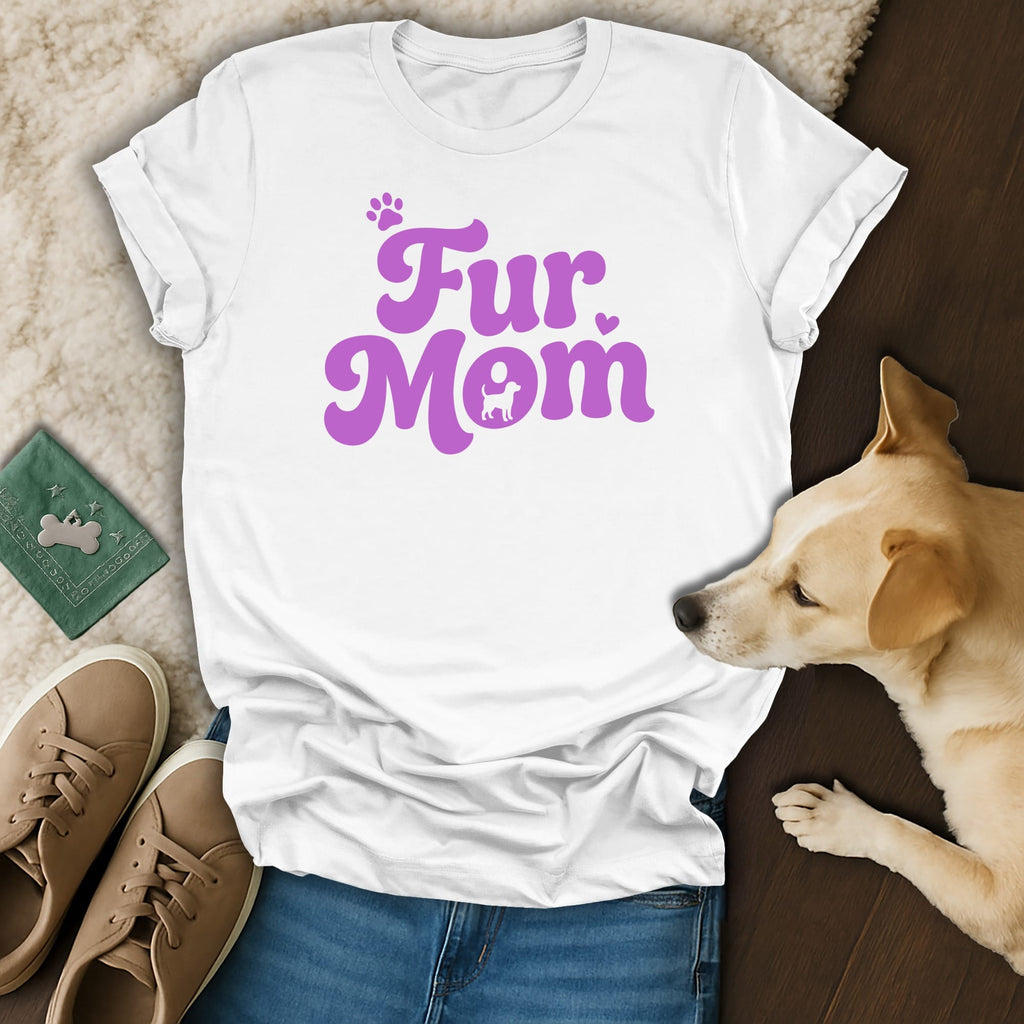 White t-shirt with "Fur Mom" text and dog paw print.