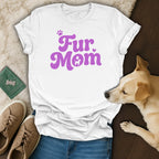 White t-shirt with "Fur Mom" text and dog paw print.