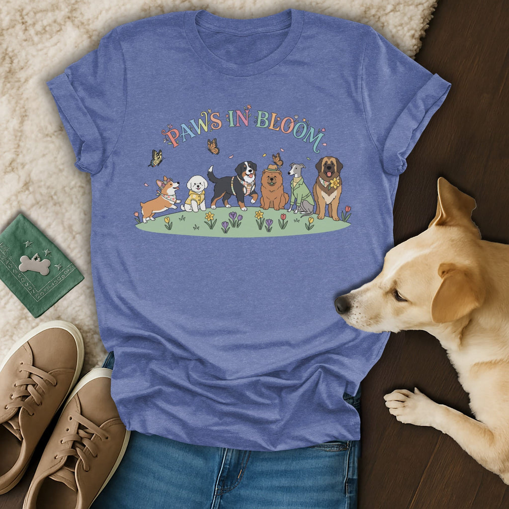 T-shirt with dogs and butterflies, saying "Paws in Bloom."