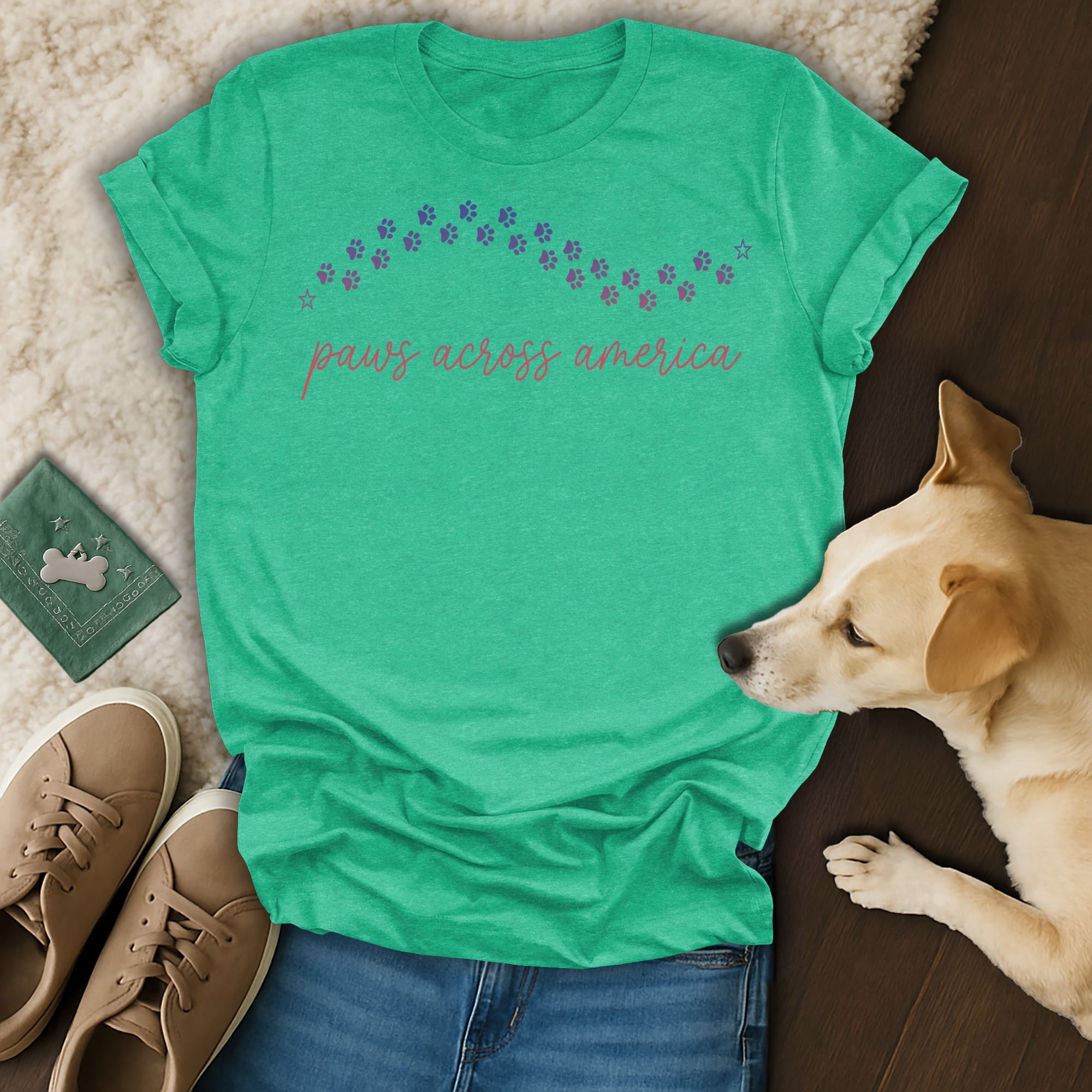 Green t-shirt with "paws across america" text and dog.