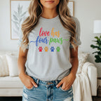 Grey t-shirt with rainbow paw prints and "love has four paws" text.