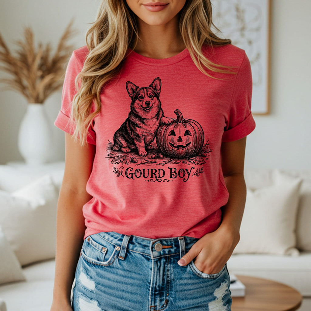 Corgi and jack-o'-lantern graphic on pink t-shirt with text "Gourd Boy".